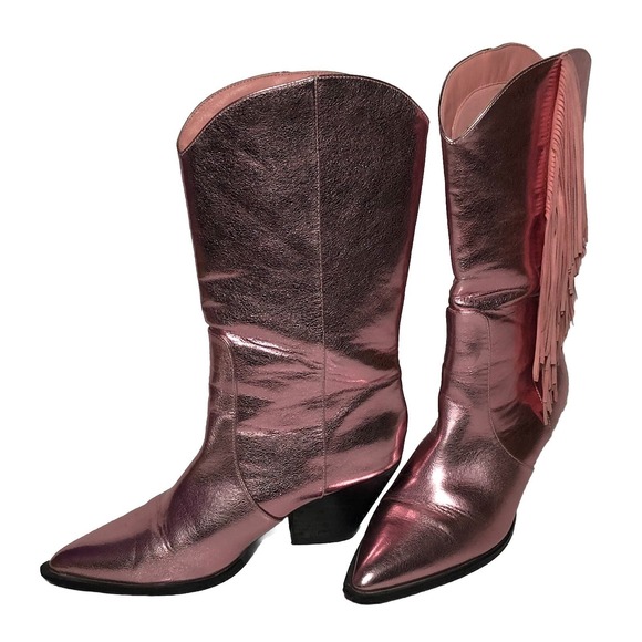 Billini Andi Metallic Pink Fringe Cowboy Cowgirl Boots Womens Damaged Heels 9 - Picture 5 of 16